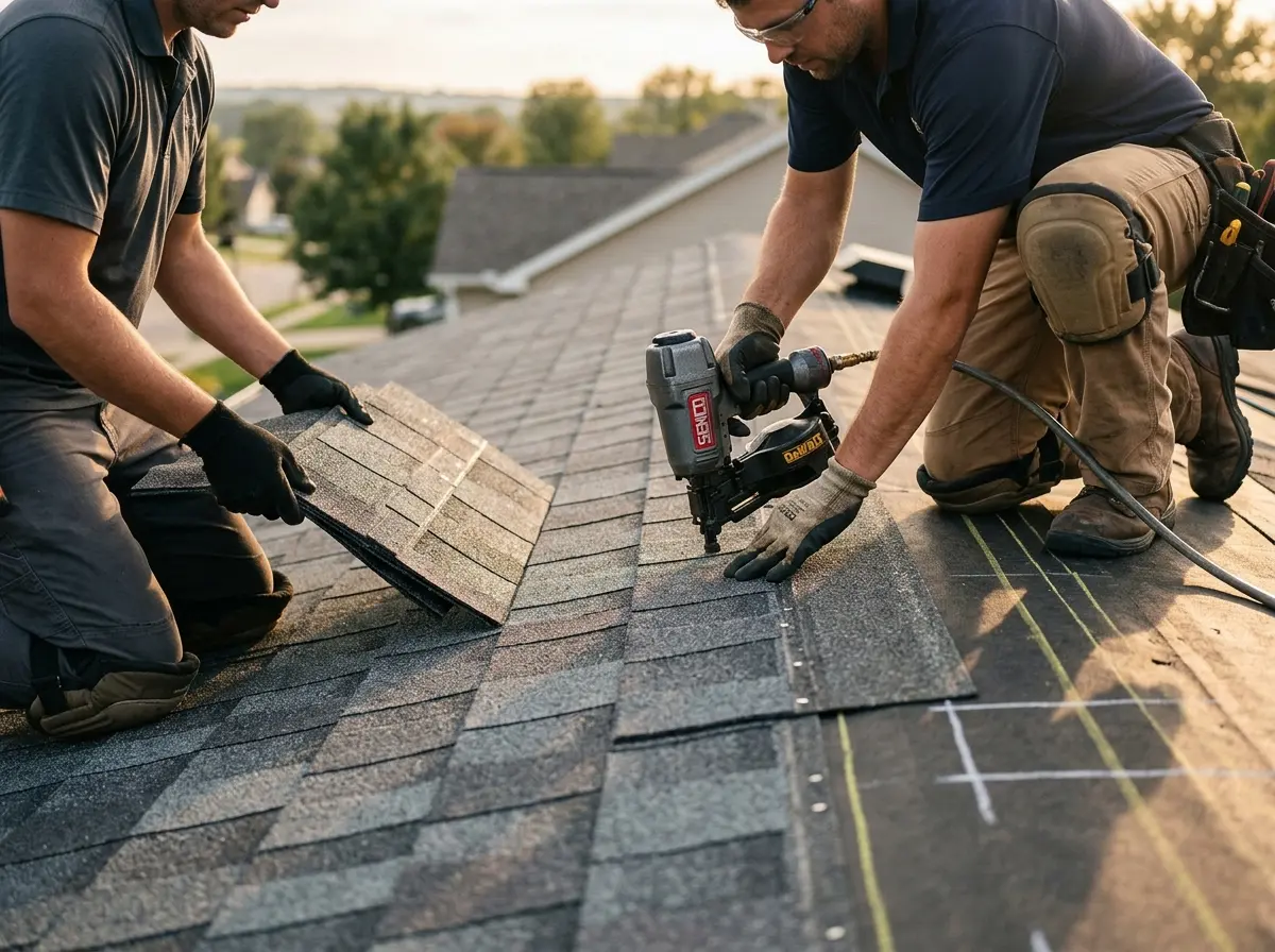 Professional roofer working on a residential roof in Shelley